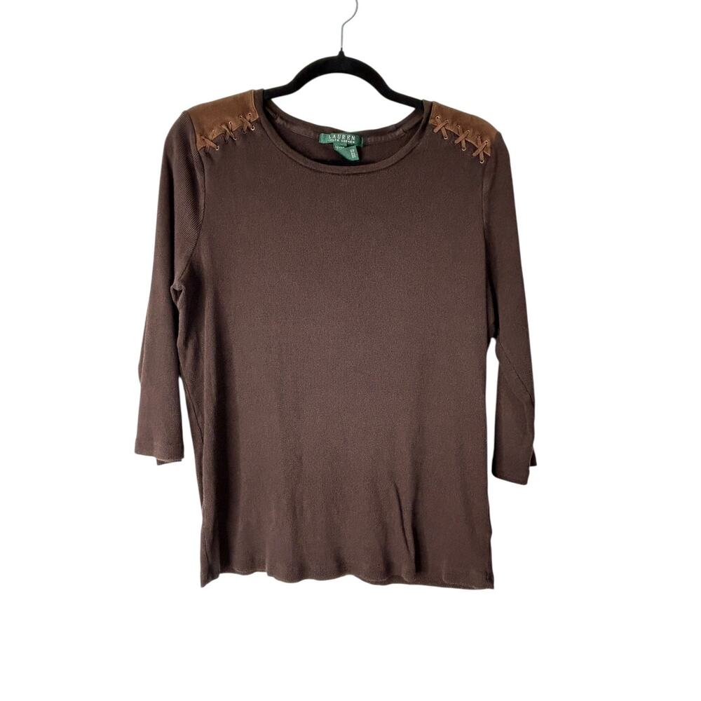 Lauren Ralph Lauren Exclusive Shirt 1X Brown Equestrian Western Leather Detail